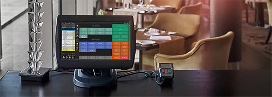 PowerEPOS on a POS terminal on a counter in a restaurant